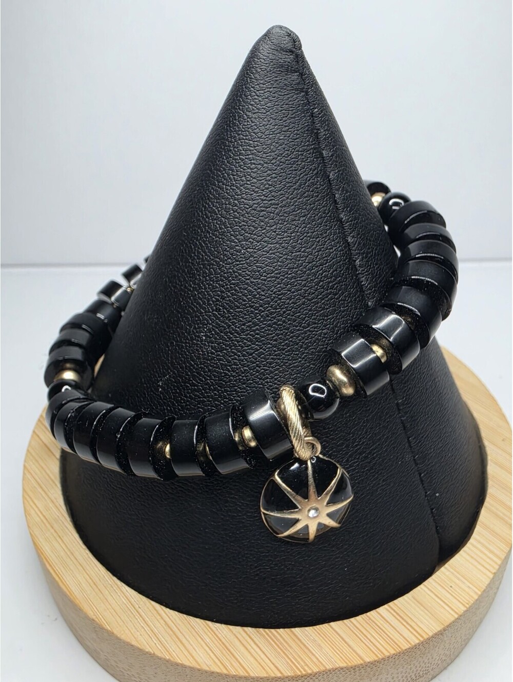 Natural Black Onyx Bead Bracelet Gold Spacers Rhinestone Star Charm